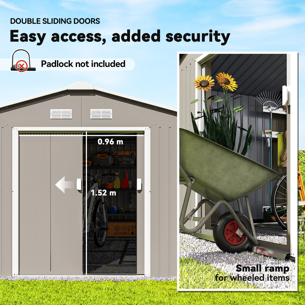 Outsunny light gray metal garden shed with sliding doors, vents, and a low access ramp