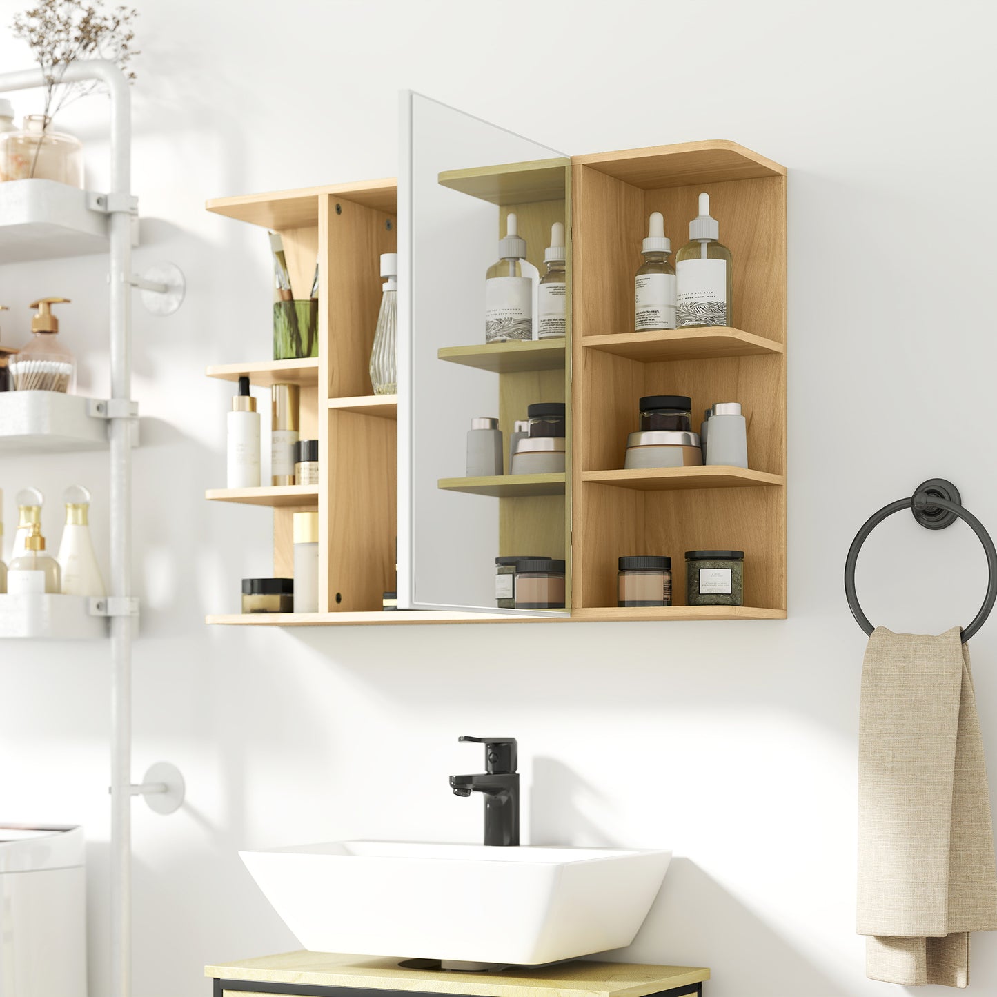 HOMCOM Bathroom Mirror Cabinet with Open Storage Shelves - Natural Wood Finish