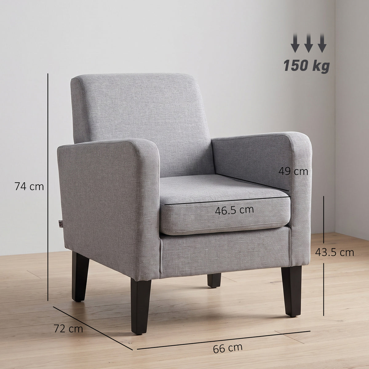 Light grey armchair with dimensions marked: 74 cm high, 66 cm wide, 72 cm deep