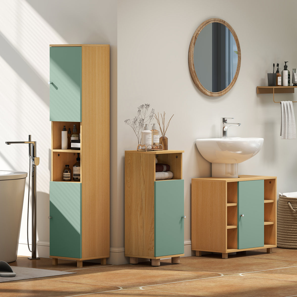 HOMCOM Bathroom Cabinet with Adjustable Shelves and Open Shelves - Green