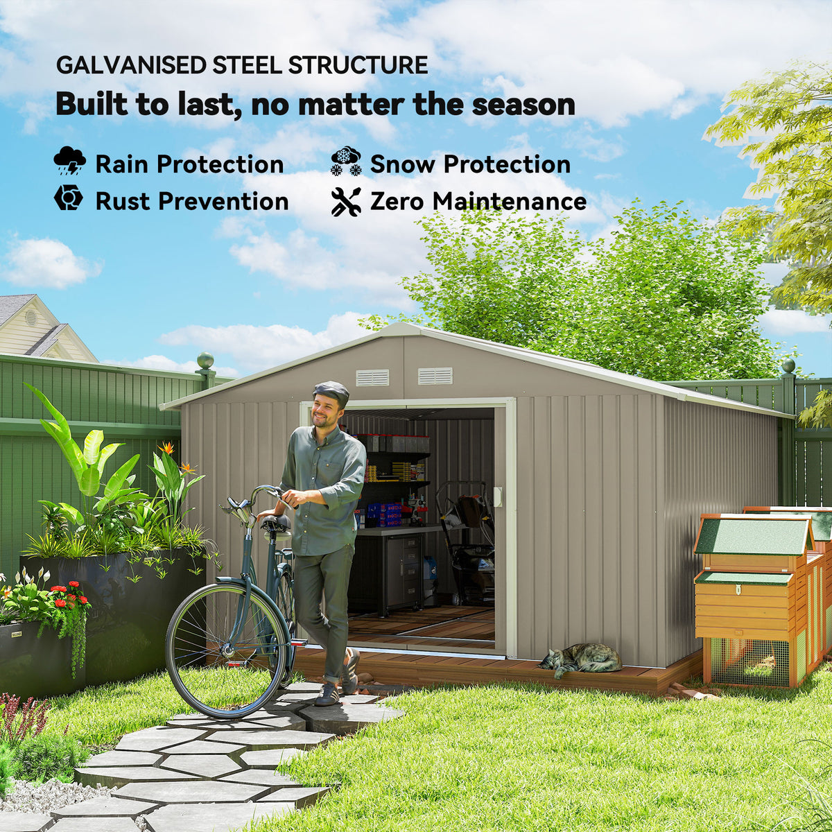 Outsunny light gray metal garden shed with open double doors and a spacious interior