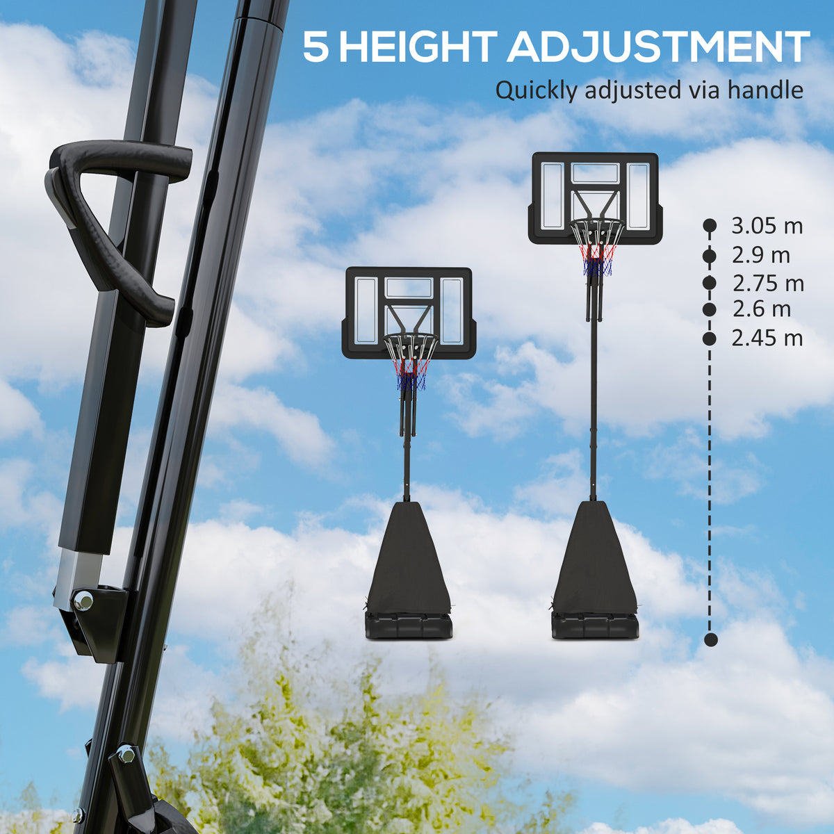 Adjustable basketball hoop pole and handle, with five height settings from 2.45 to 3.05 m
