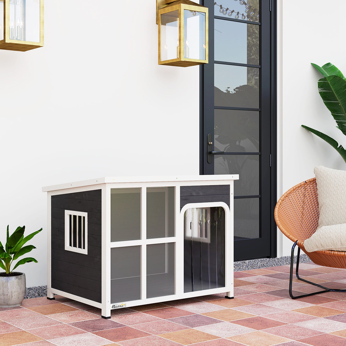 PawHut Wooden Outdoor Dog House, with Asphalt Openable Top, Removable Floor, Clear Front Panel, Curtain, 103 x 77 x 83cm