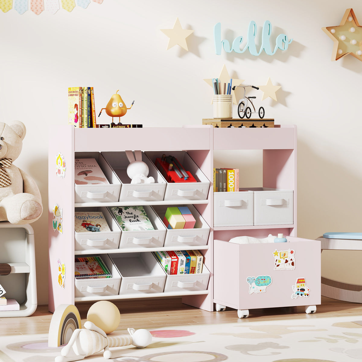 AIYAPLAY Kids Toy Storage Unit with 11 Bins, Cabinet, Top Shelves, 3 Stickers, for Nursery, Playroom, Pink