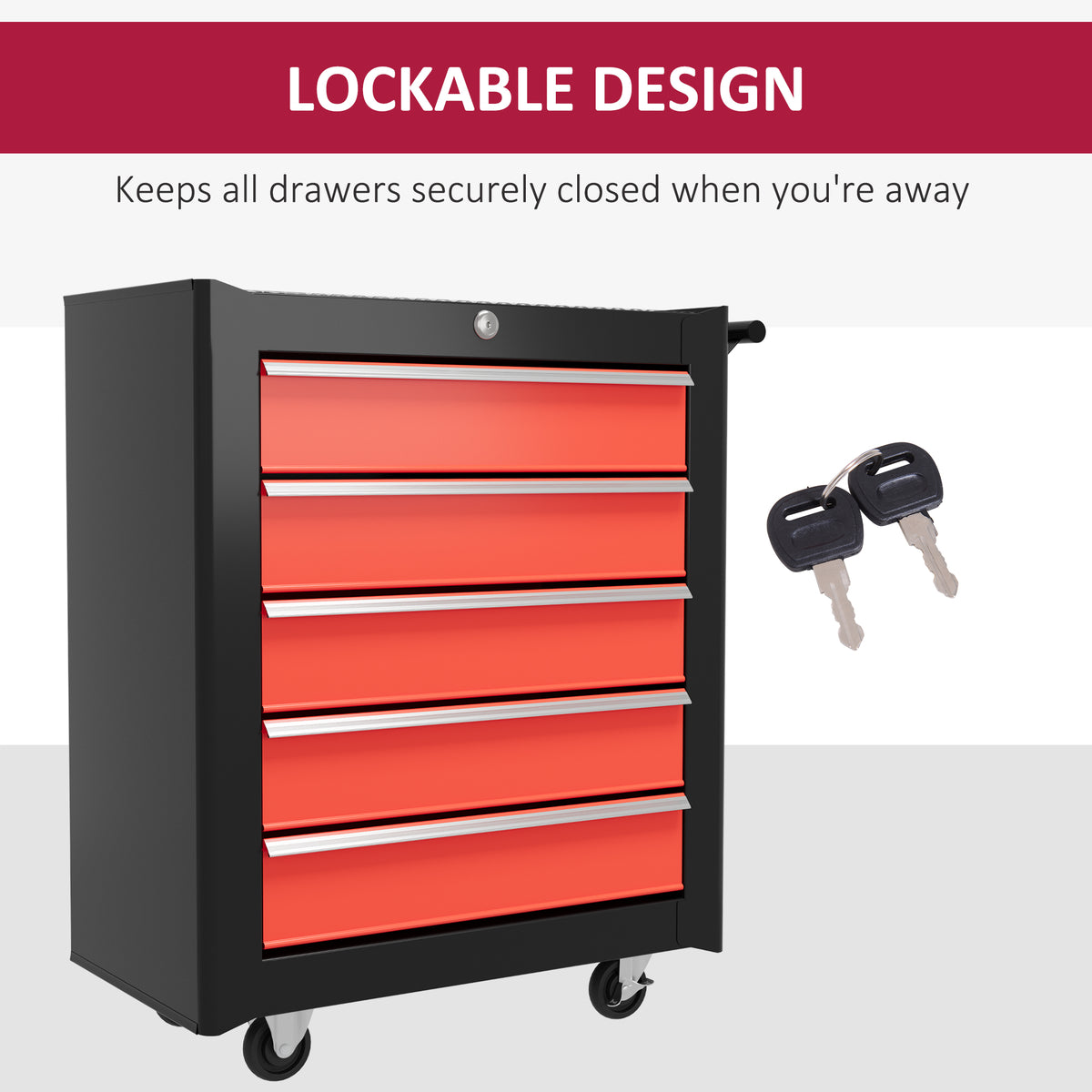 HOMCOM five-drawer tool chest with lock and two keys