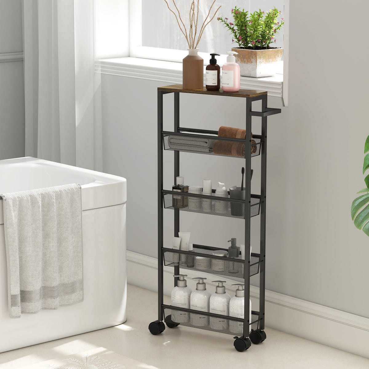 HOMCOM Slim Storage Trolley, 5-Tier Kitchen Cart on Wheels with Wood-effect Top, Handle for Living Room, Bathroom, Black