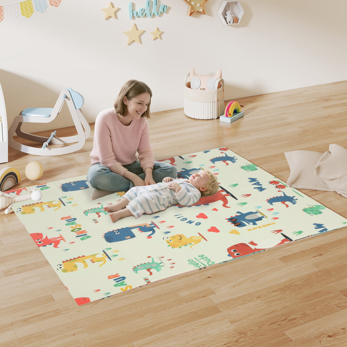 AIYAPLAY Dinosaur-Themed Baby Plat Mat Double Sided, Foldable, Water-Resistant for Outdoor/Indoor, 177 x 146 x 1.5cm