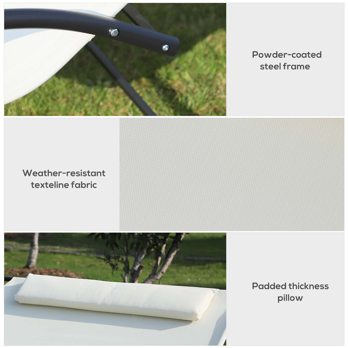Outsunny sun lounger details showing black steel frame, cream weather-resistant fabric, and padded headrest