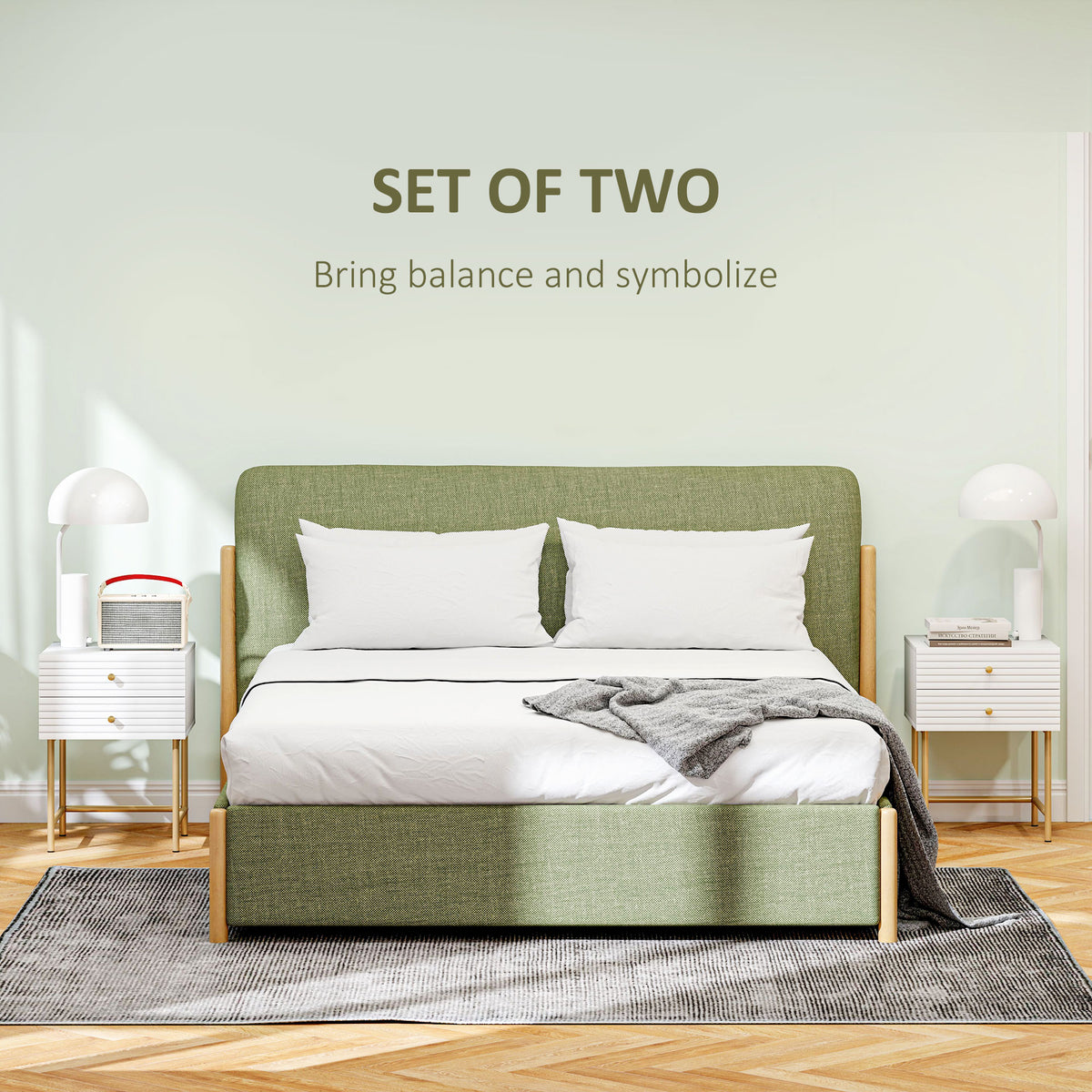 White bedside tables with gold-tone legs, shown as a matching pair beside a bed