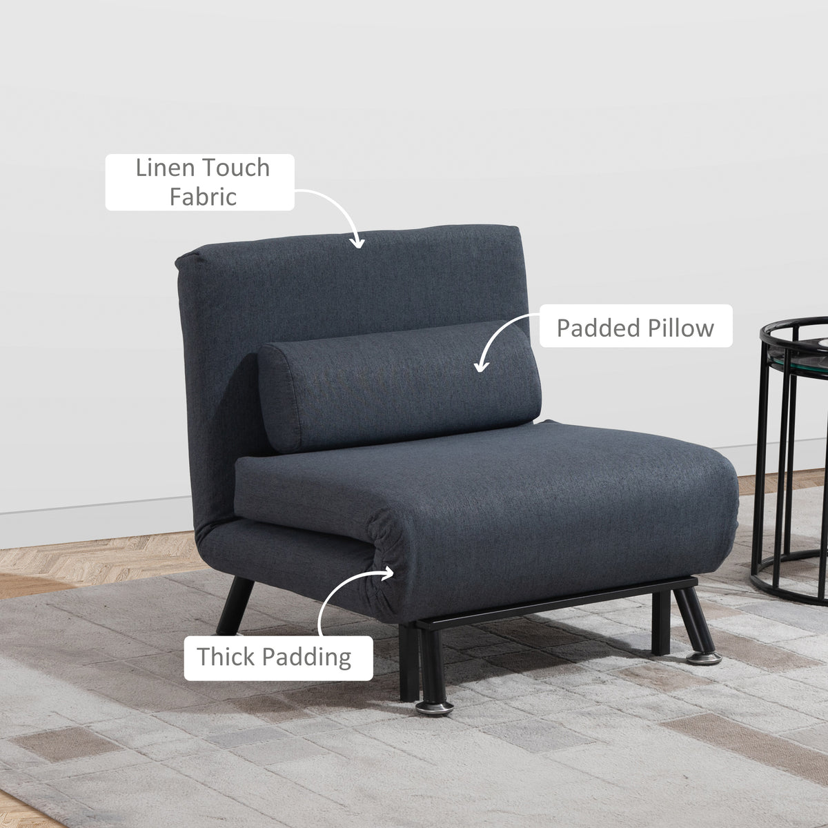 HOMCOM linen-touch sleeper chair with padded pillow and thick cushioning