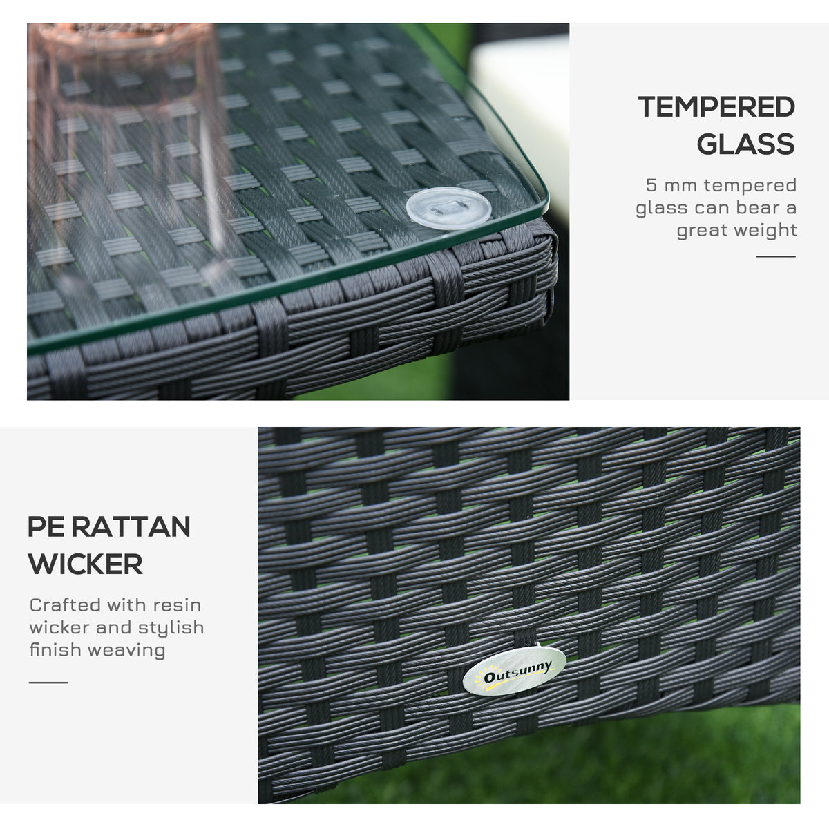Outsunny table detail showing tempered glass and black resin wicker weave