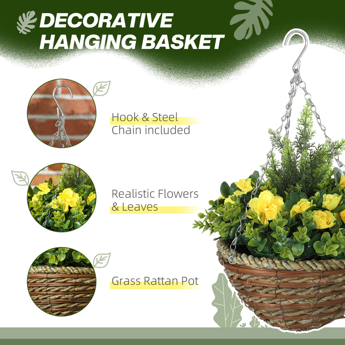 Hanging flower basket with yellow flowers, green foliage, a woven grass pot, and steel chain