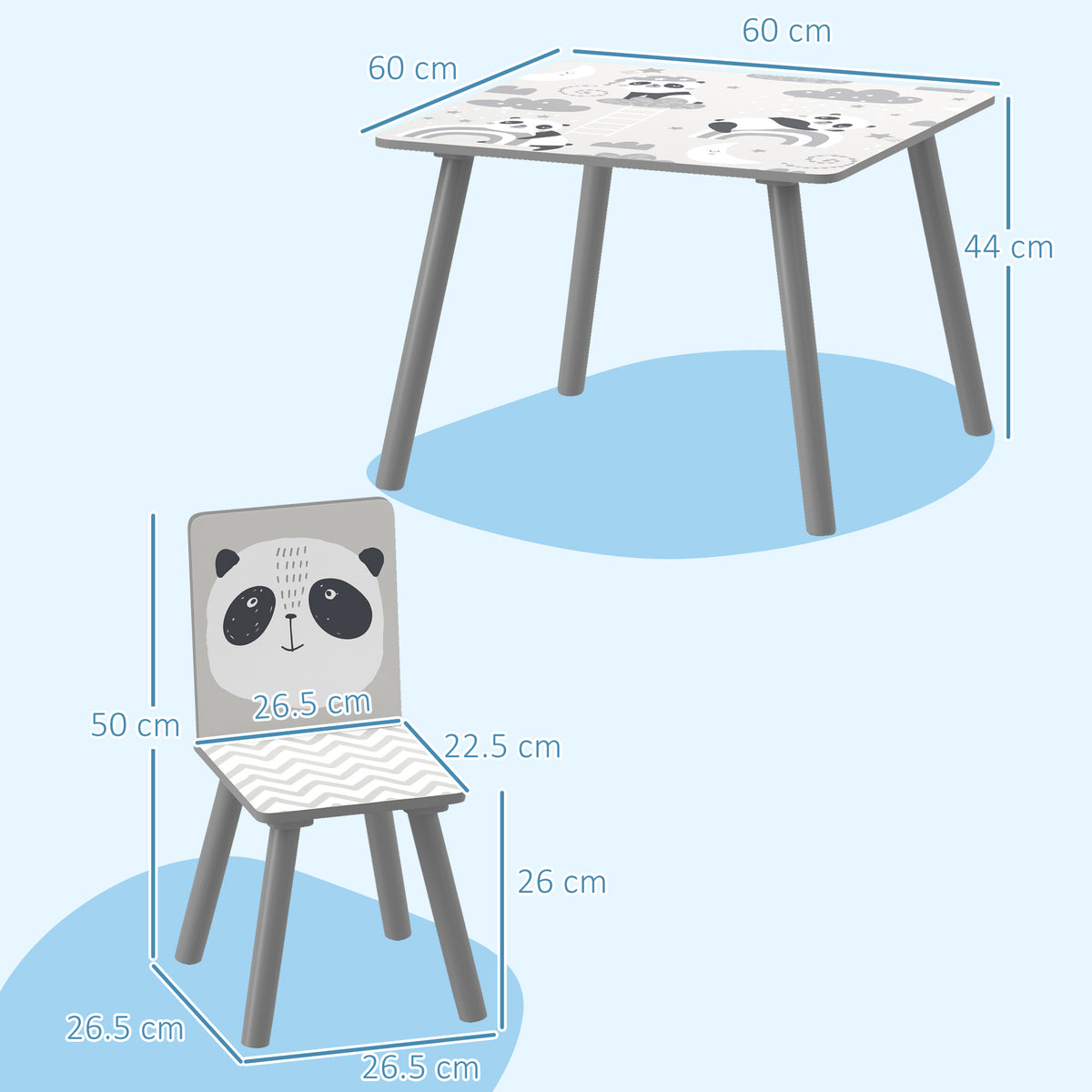 ZONEKIZ toddler table and chair set with table and chair dimensions shown