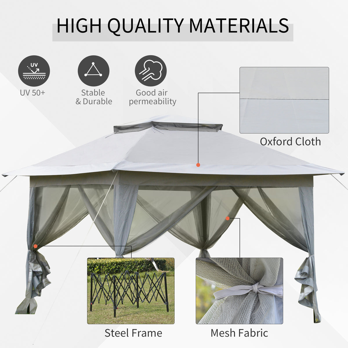 Grey pop-up gazebo with Oxford cloth roof, steel frame, mesh curtains, and tied-back netting.