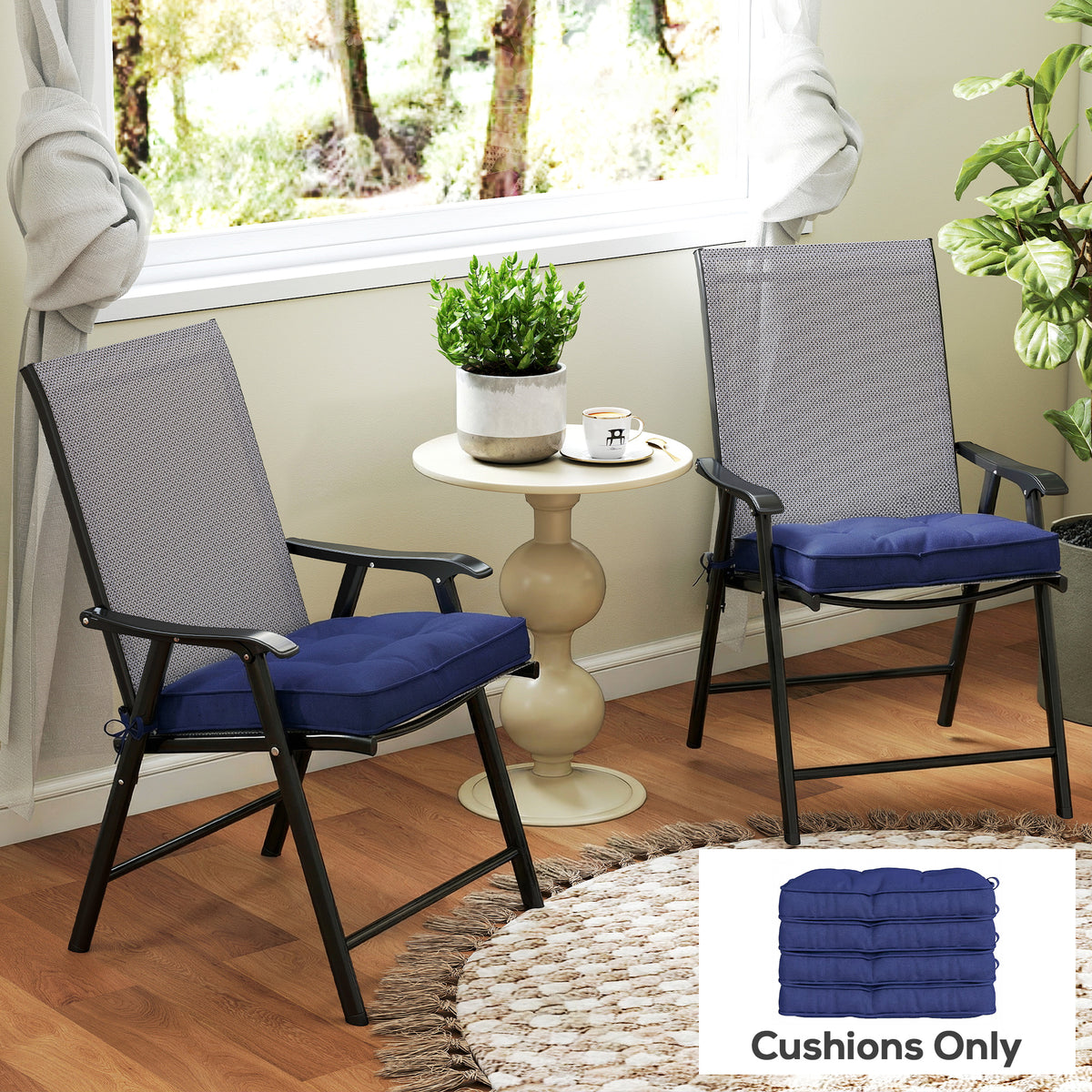 Outsunny Garden Seat Cushion with Ties, 42 x 42cm Replacement Dining Chair Seat Pad, Dark Blue
