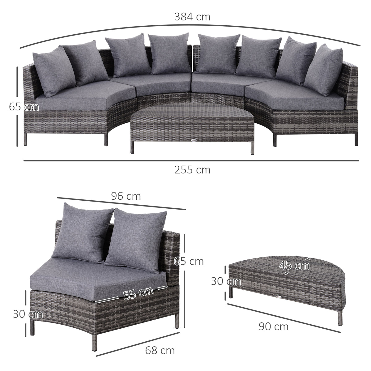 Rattan sofa set and coffee table with dimensions shown