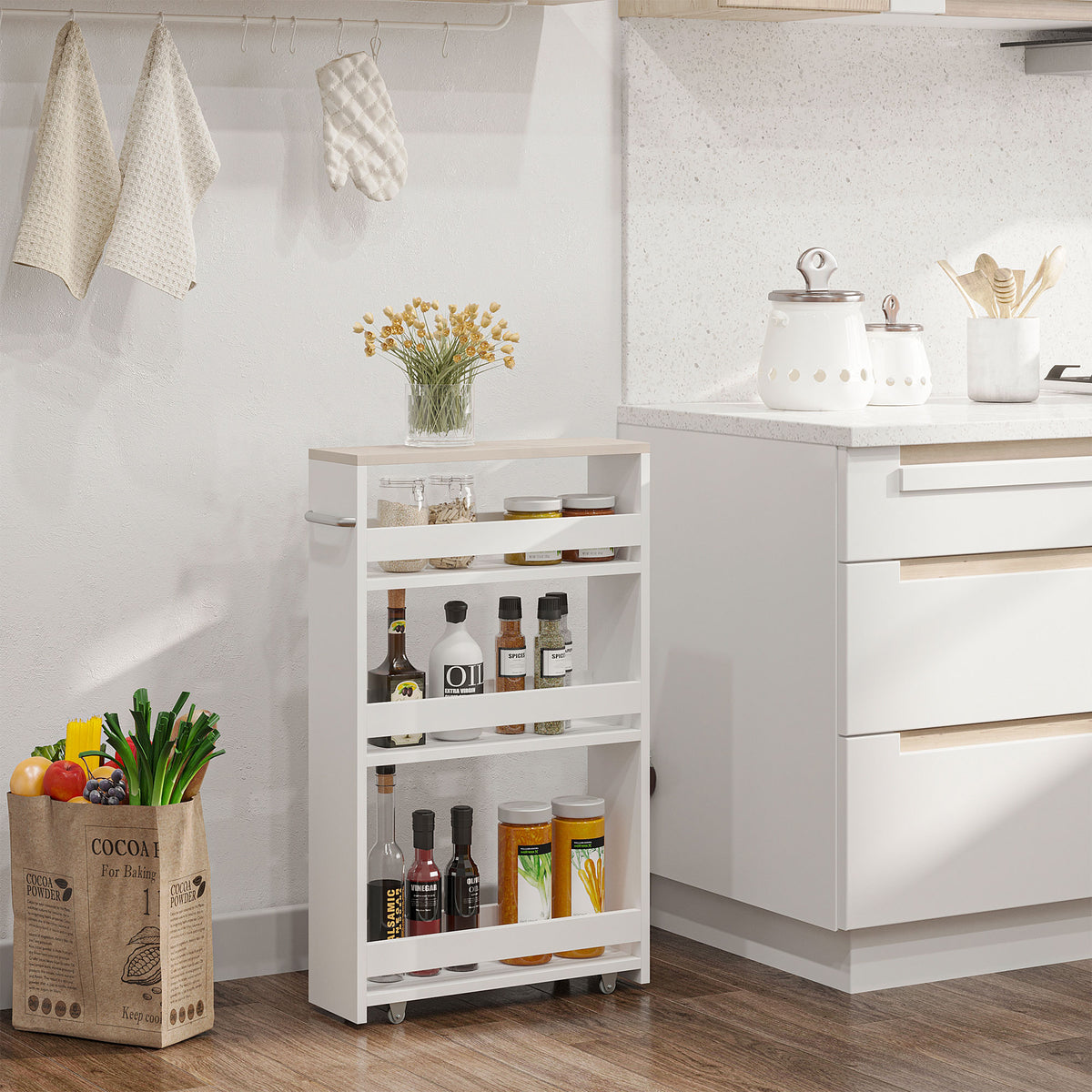 kleankin Storage Cart, 4-Tier Compact Storage Trolley on Wheels and Handle, 48W x 15D x 80H cm, White