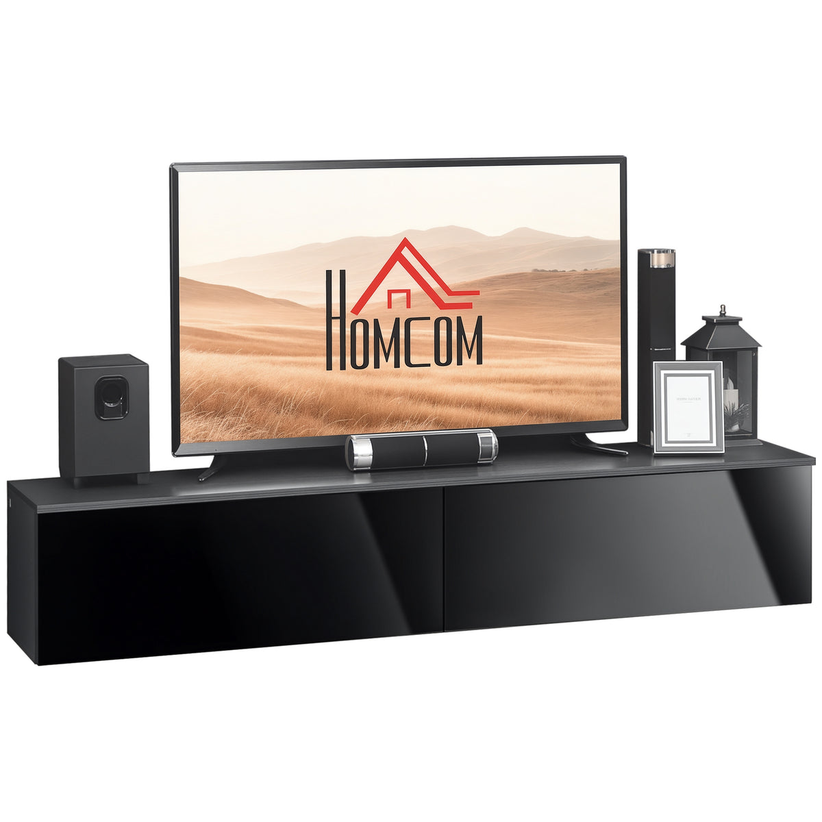 HOMCOM floating TV cabinet with two high-gloss black doors