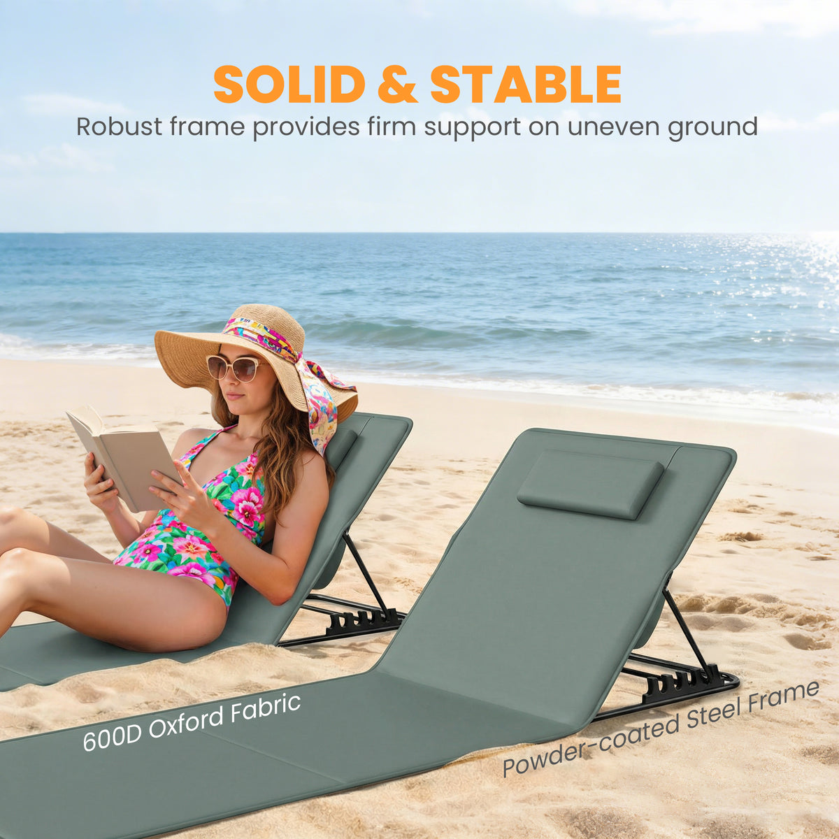 Outsunny Foldable Sun Loungers Set of 2, Portable Folding Beach Lounger with 4-level Adjustable Backrest, Grey