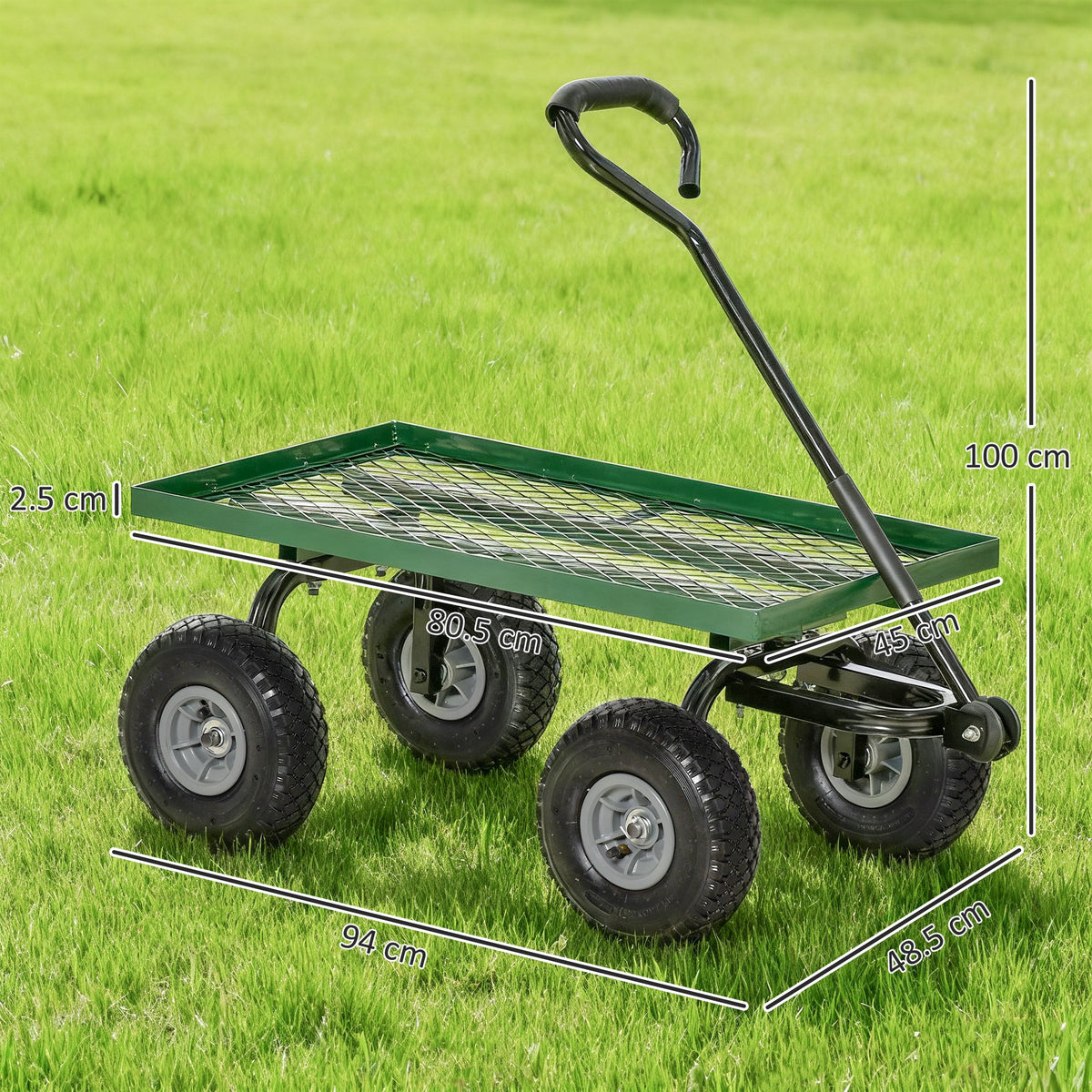 Green mesh garden trolley with four wheels and handle, shown with its dimensions
