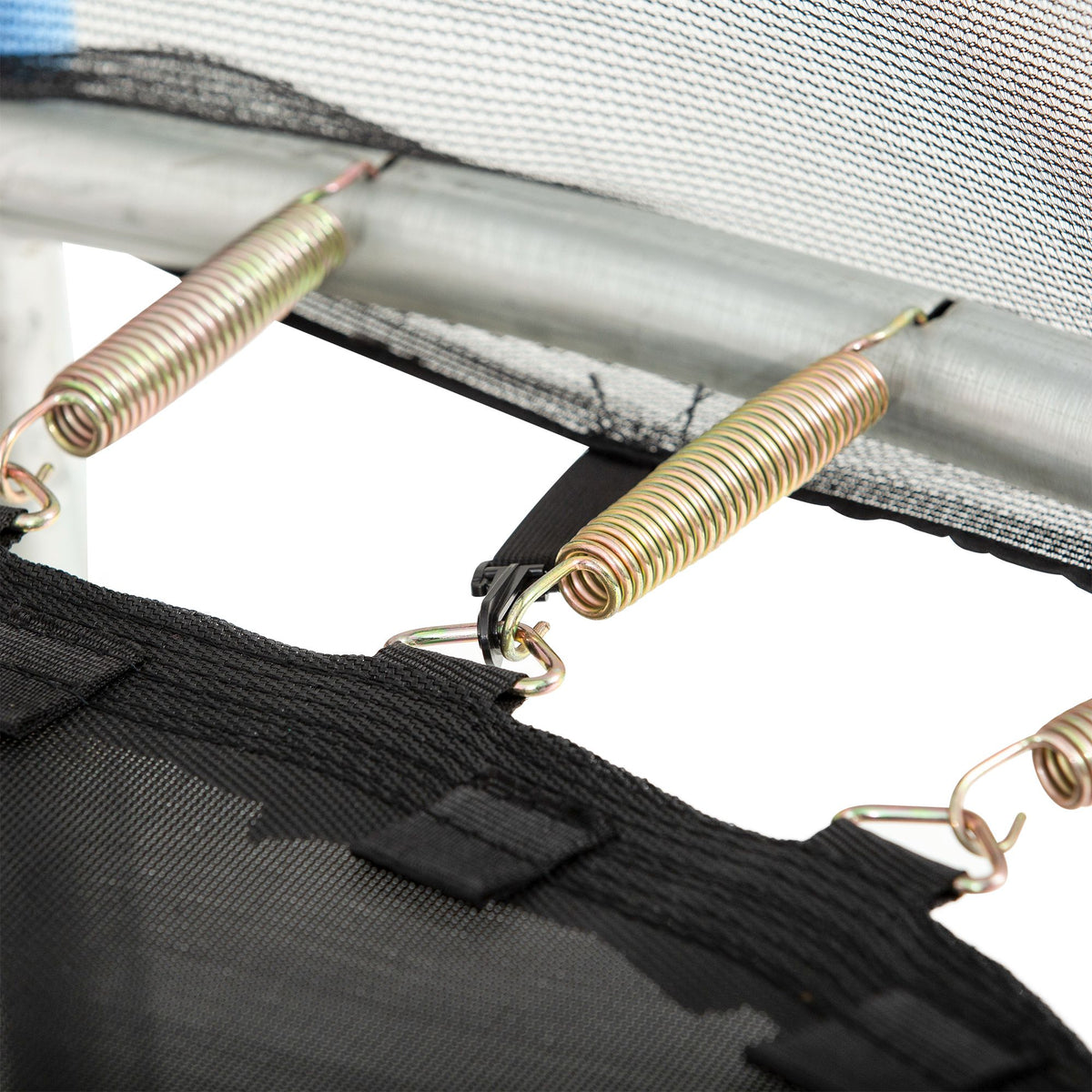 Close-up of trampoline springs connecting the mat to the frame