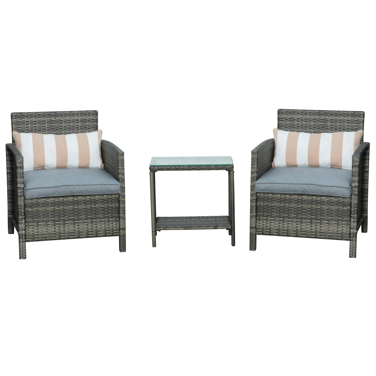 Photo of Outsunny 3 Pieces Rattan Bistro Set, Wicker Garden Furniture Set, Glass Top 2-tier Coffee Table and Chairs Set with Pillows and Washable Cushions for Outdoor, Patio, Balcony, Grey in Grey colour on a white background