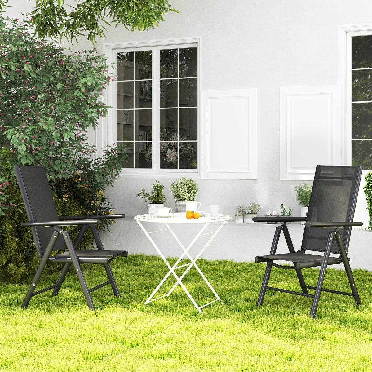 Outsunny Set of 2 Folding Garden Chairs, Aluminium Frame Outdoor Dining Chairs with Breathable Mesh Back and Seat, Garden Folding Chair Set with Armrests for Balcony, Black