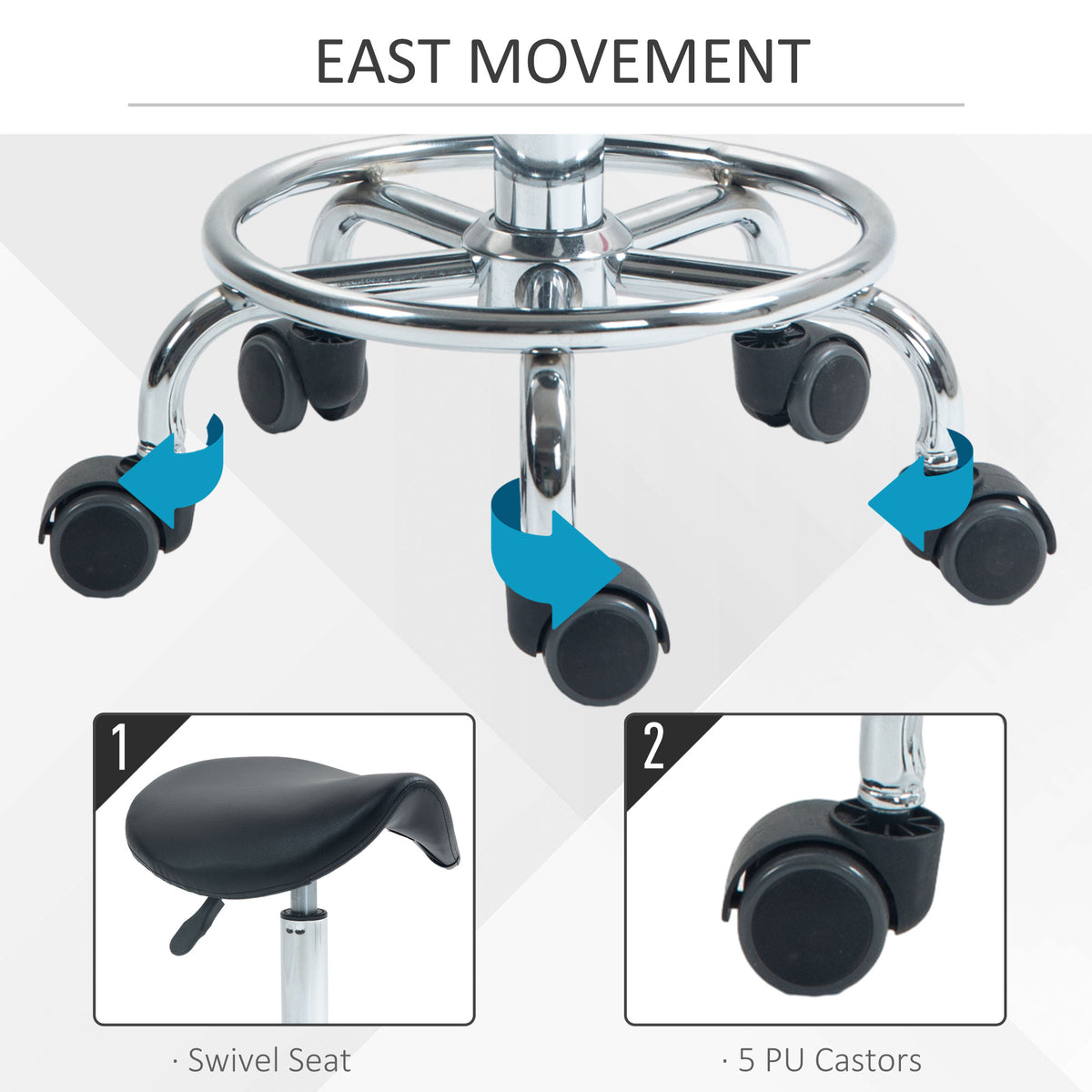 HOMCOM saddle stool base with five swivel casters and close-up of the padded swivel seat