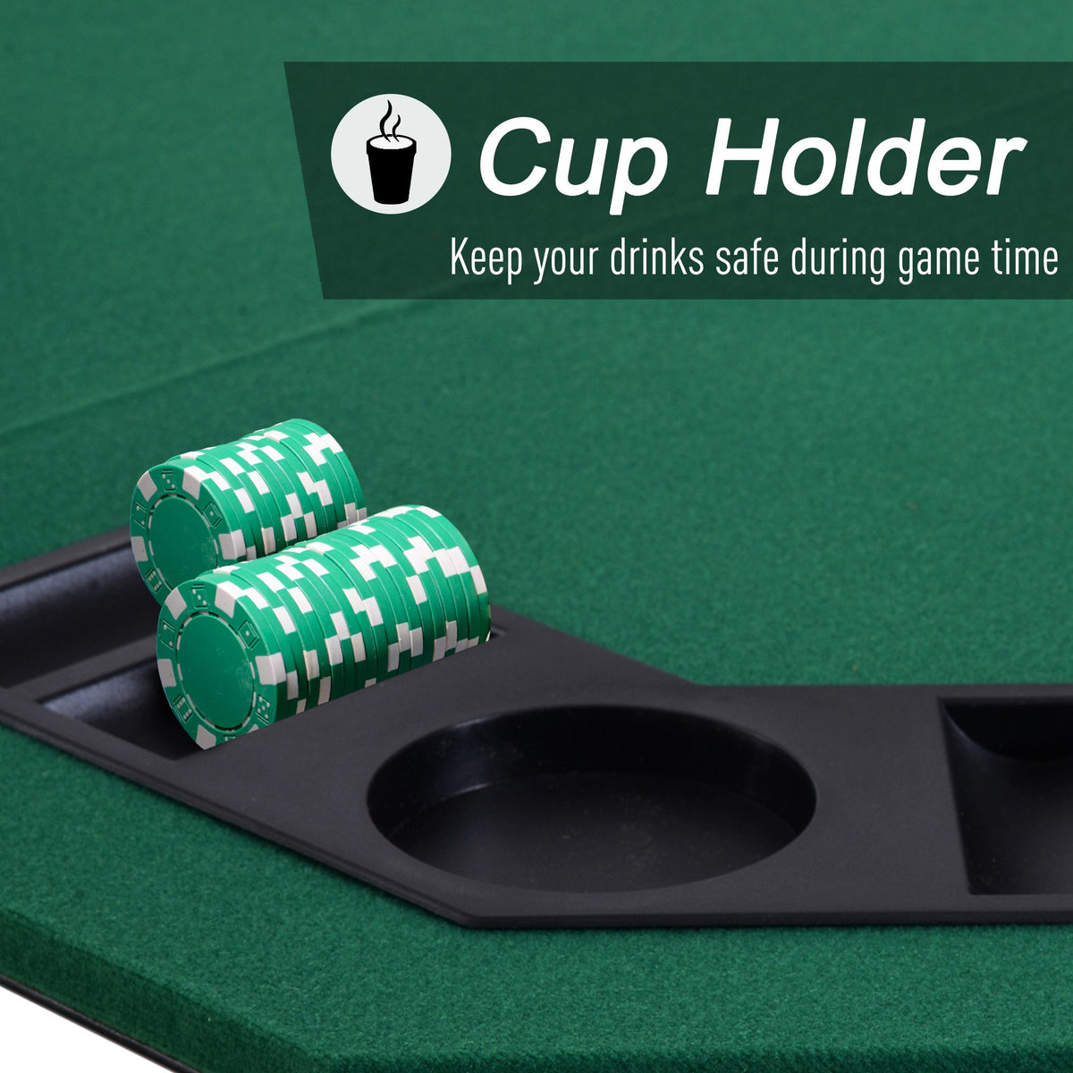 Poker table topper with cup holder and green poker chips in a chip tray