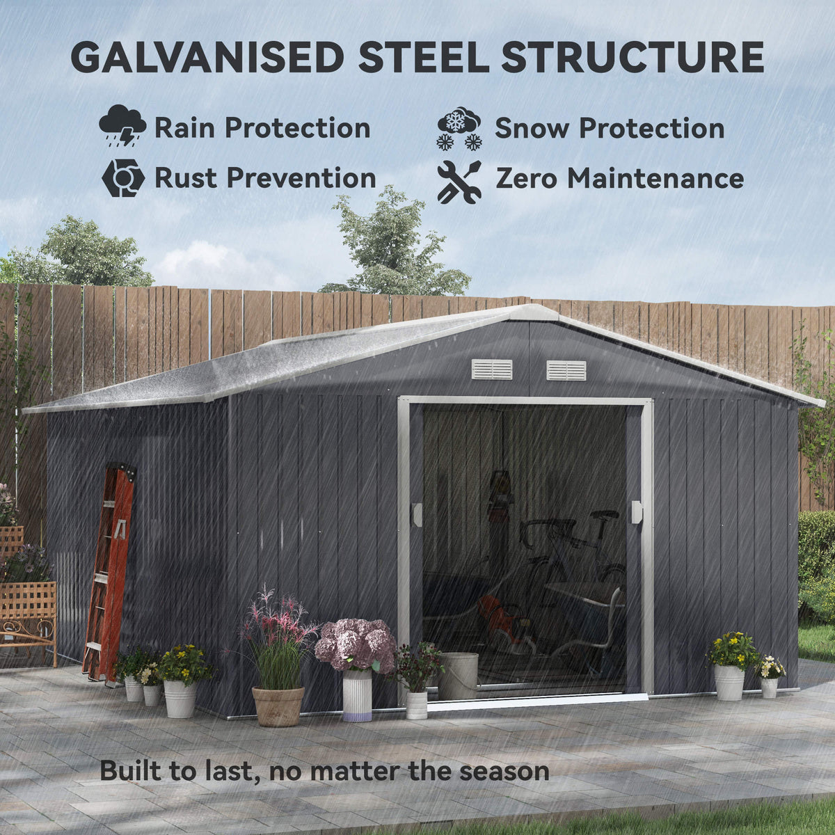 Outsunny grey galvanized steel garden shed with double doors and weather-resistant construction
