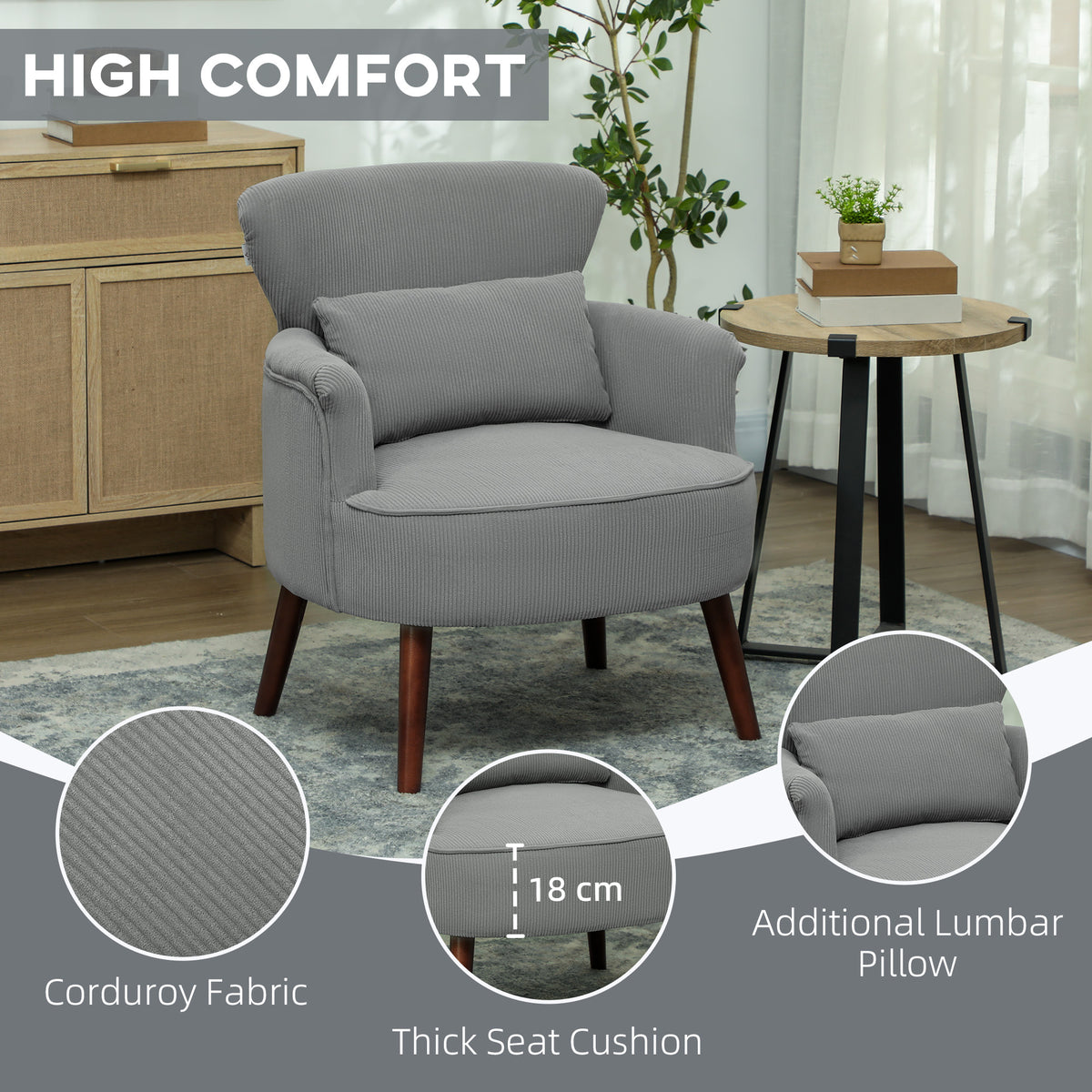 Corduroy accent chair with thick seat cushion, curved arms, wing back, and lumbar pillow