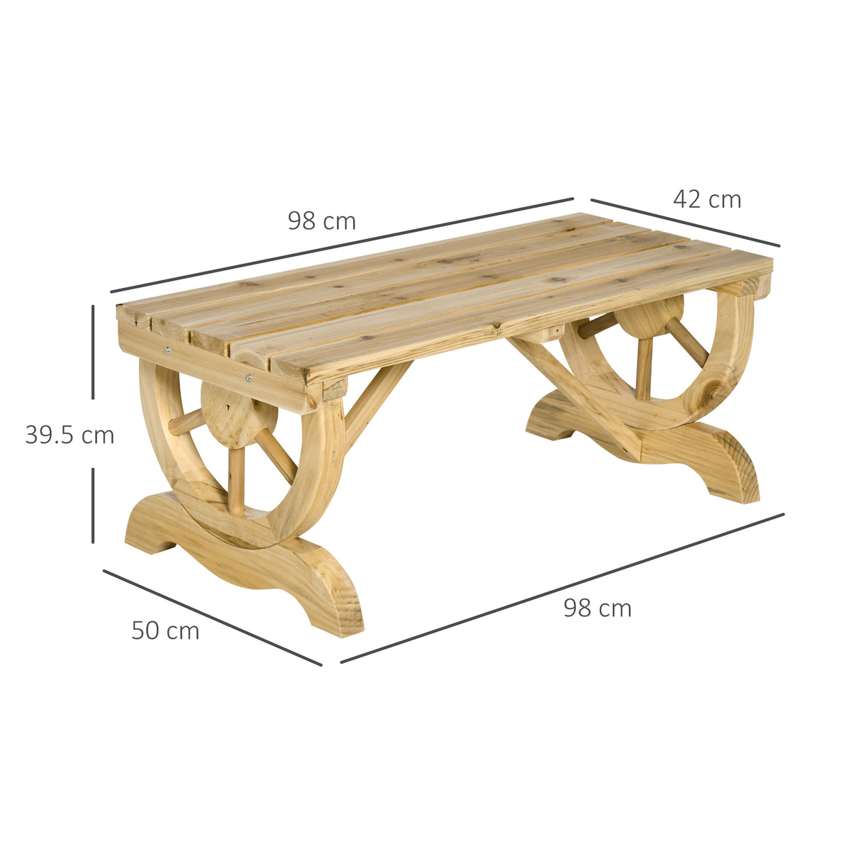 Outsunny wooden garden bench with wheel-shaped legs, 98 cm long and 42 cm deep