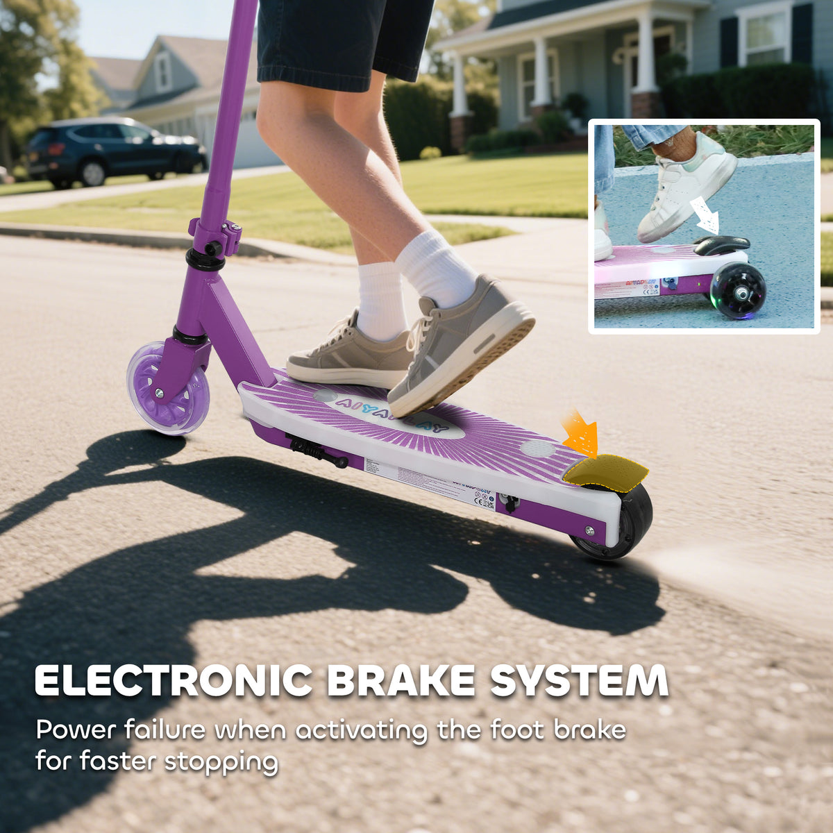 AIYAPLAY Electric Scooter for Kids Aged 4-7 Years, with Flashing LED Lights, Rear Auxiliary Wheels, Purple