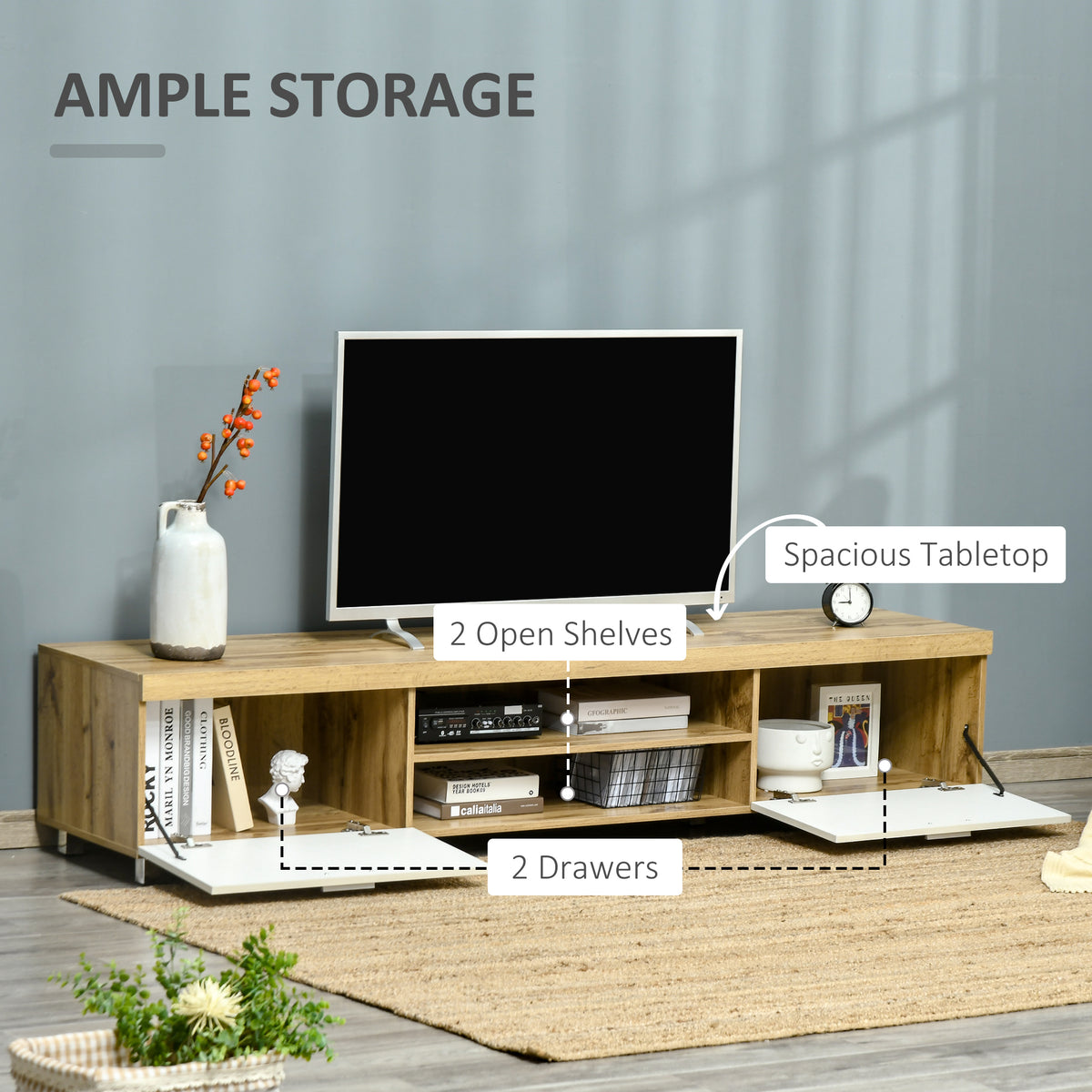 HOMCOM TV stand with two open shelves, two drawers, and oak-look finish