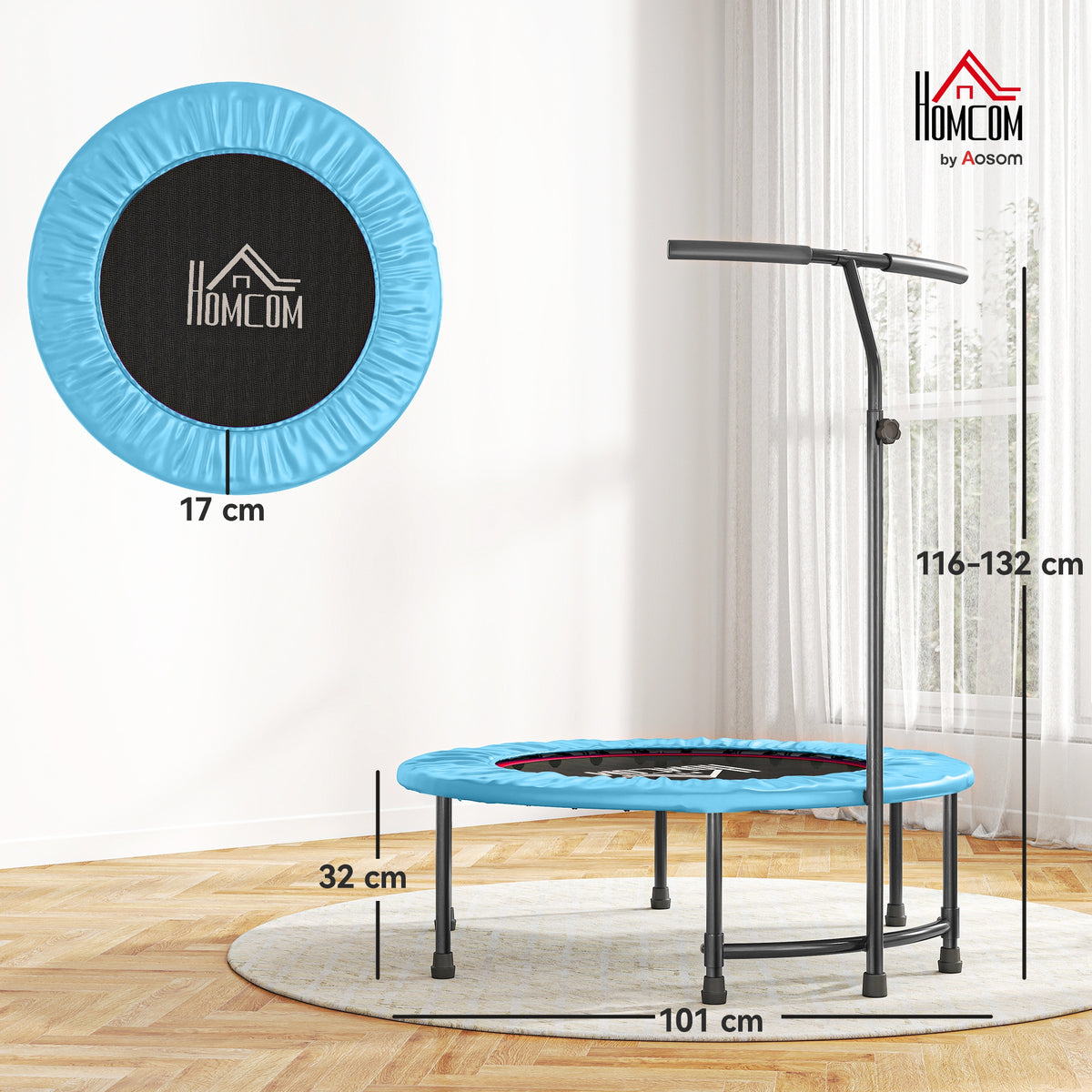 Blue fitness trampoline with adjustable handlebar, steel legs, and padded frame cover