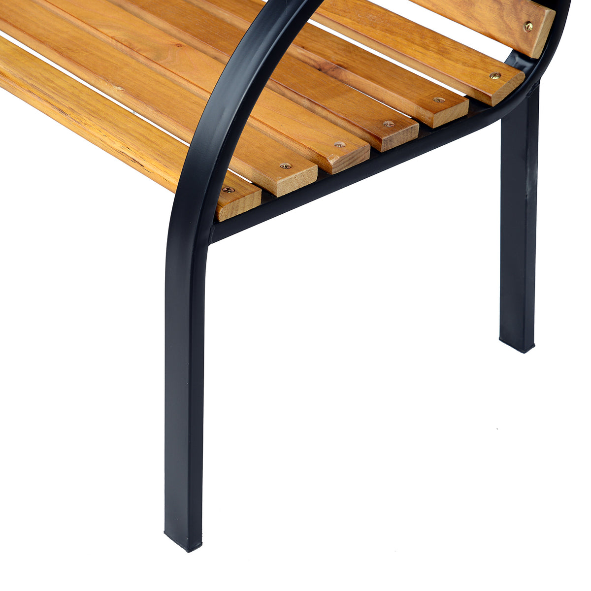 Close-up of wooden seat slats, metal fasteners and a curved black steel bench leg