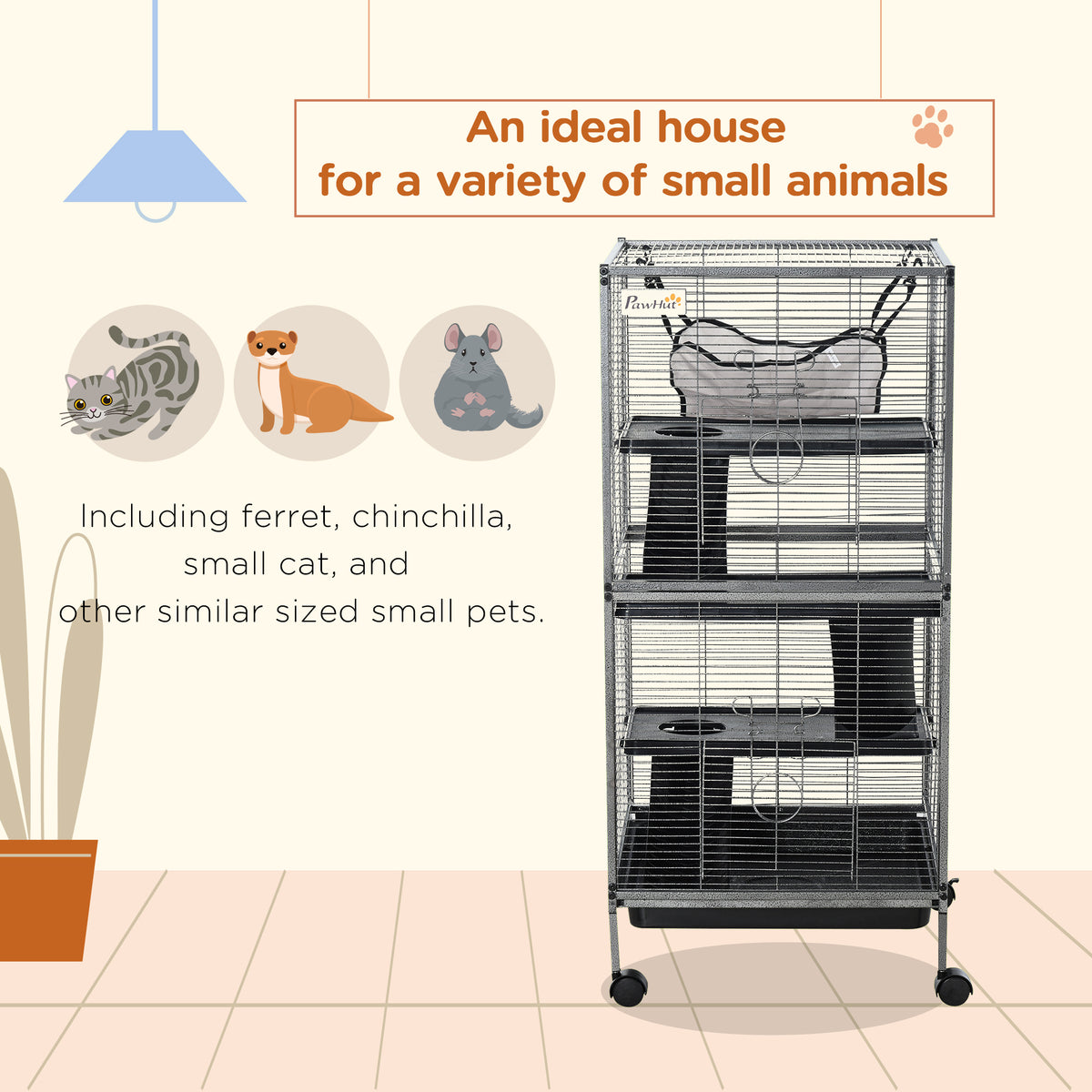 PawHut four-tier metal cage for small animals, shown with hammock and multiple platforms