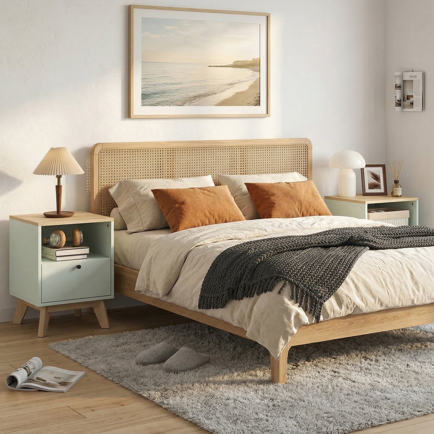 HOMCOM Modern Nightstand Set of 2, Bedside Table with Drawer and Open Shelf, Side End Table for Bedroom, Light Green
