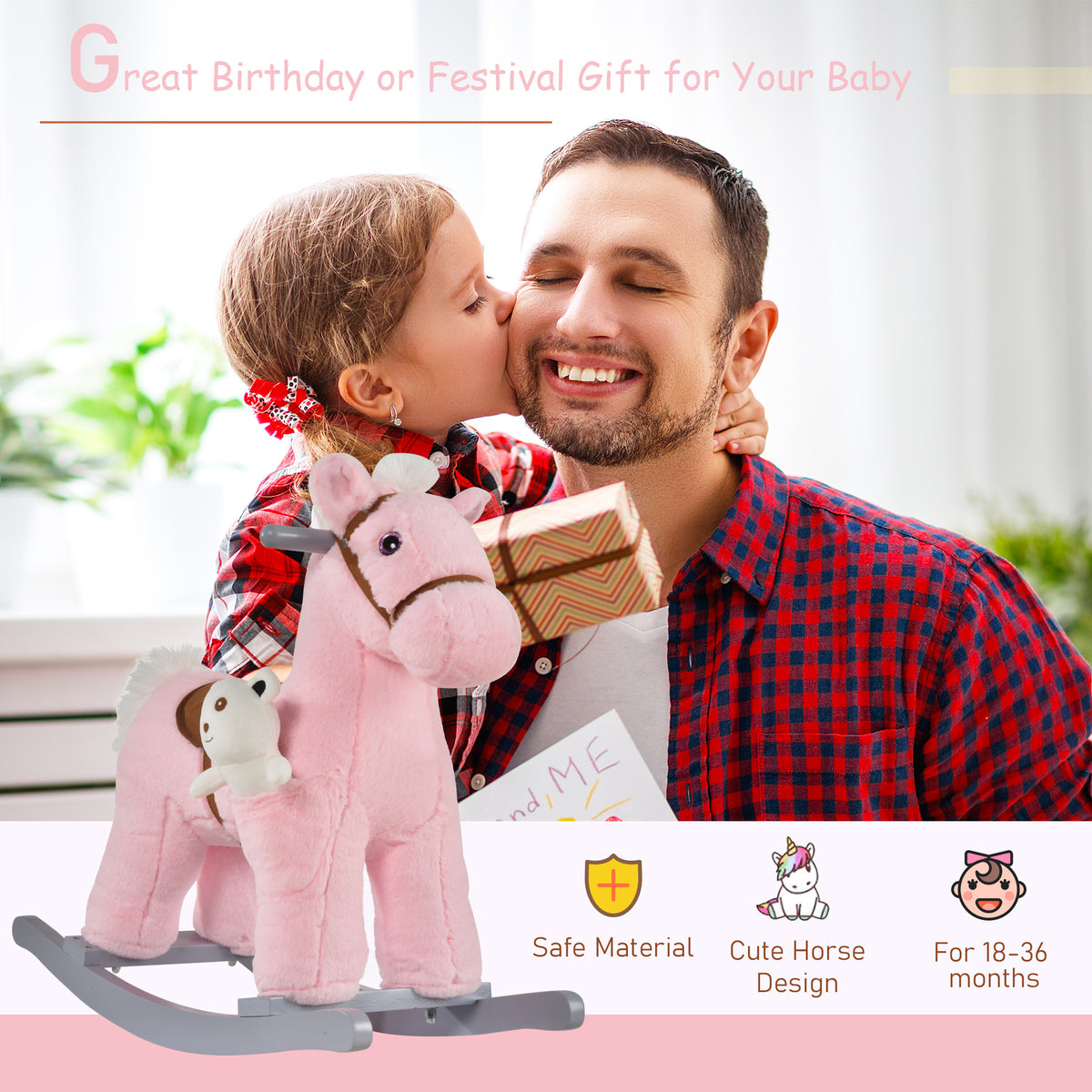 Pink plush rocking horse with brown saddle and attached bear doll, shown as a children's gift