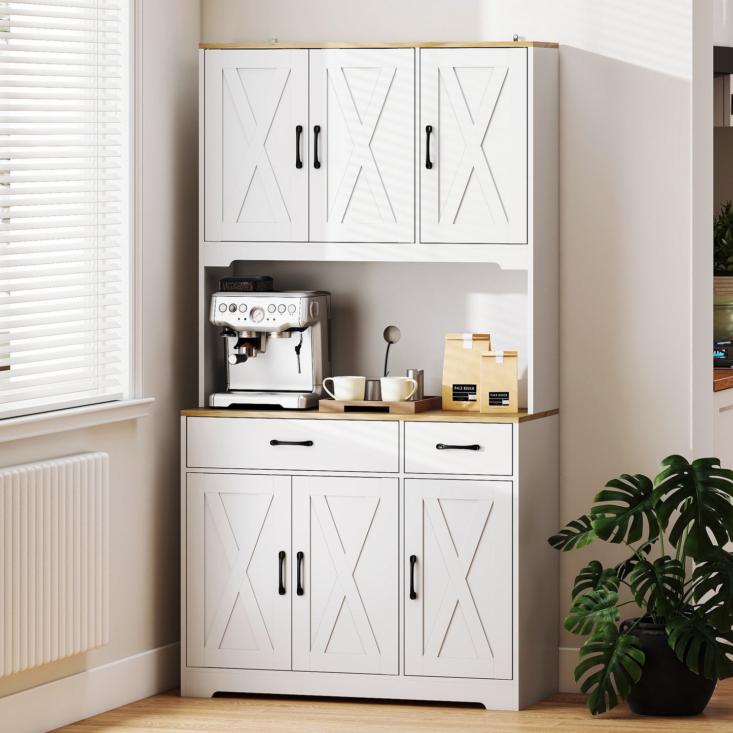 HOMCOM 175 cm Tall Kitchen Pantry Cabinet with Microwave Stand, Freestanding Pantry Cupboard, White