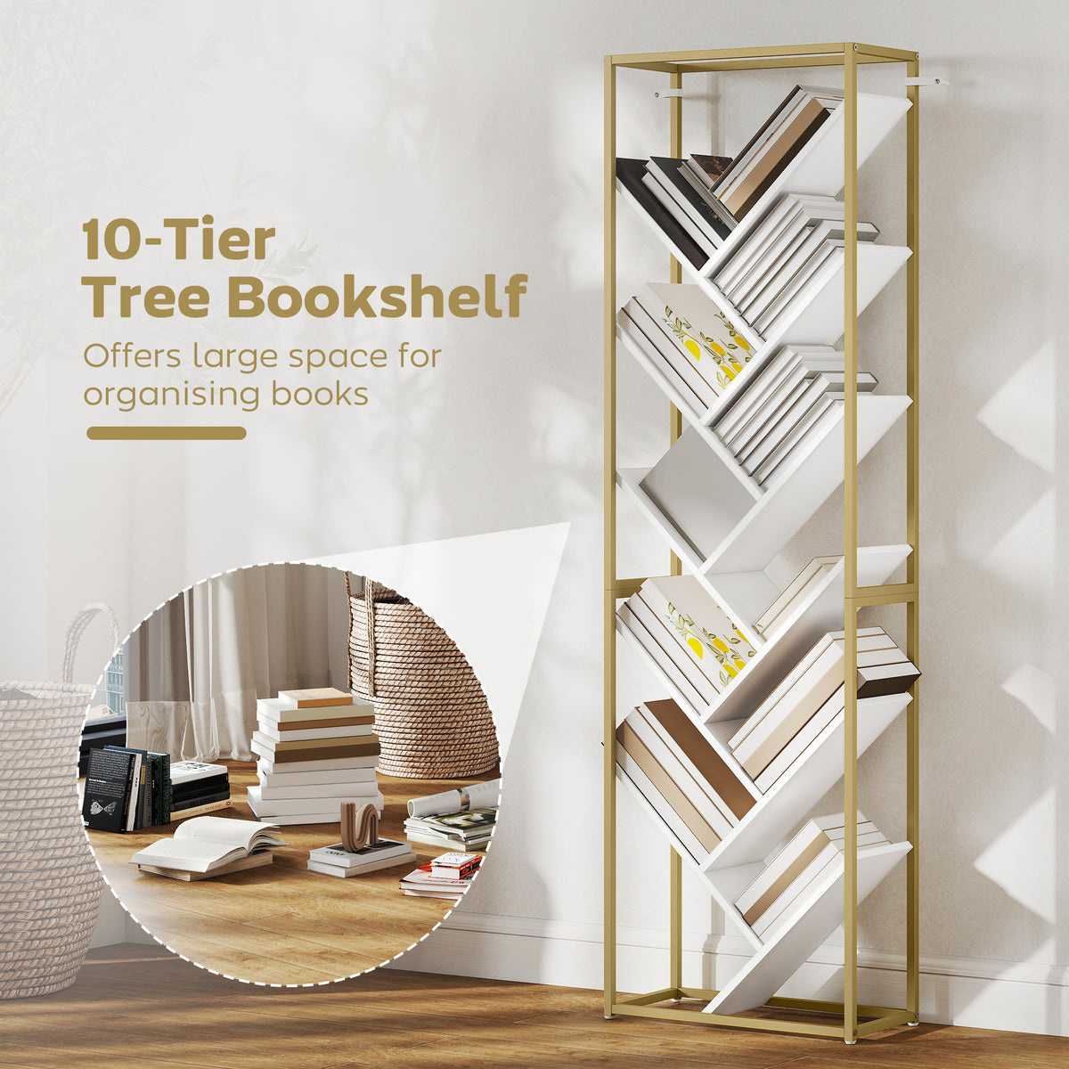 HOMCOM 10 Shelf Modern-Style Bookshelf - Gold Tone/White