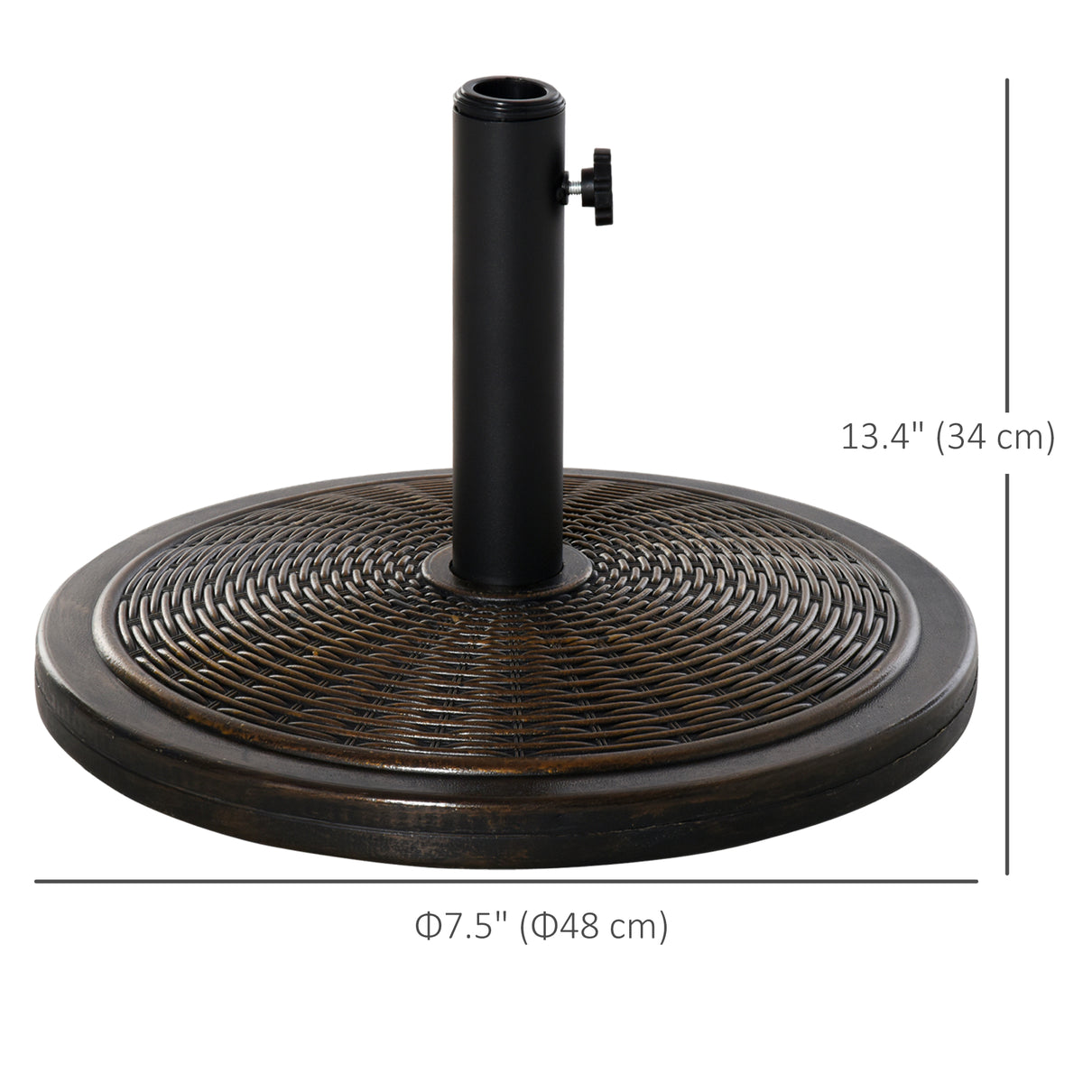 Round black parasol base with woven top, adjustable pole holder, and dimension markings