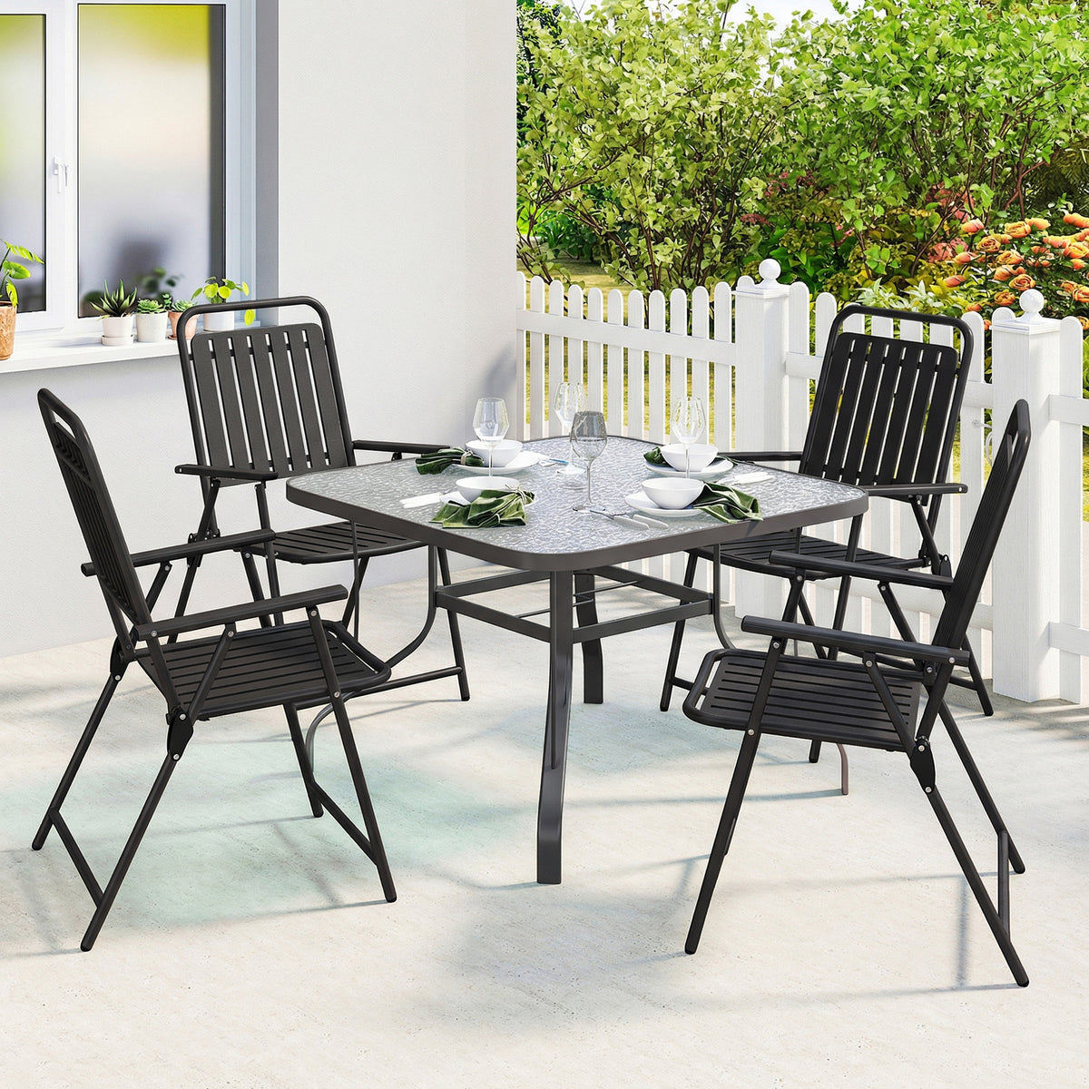 Outsunny Folding Garden Chairs, Garden Dining Chairs with Plastic Slatted Seat Back, Armrests, Steel Frame, Set of 4, Black