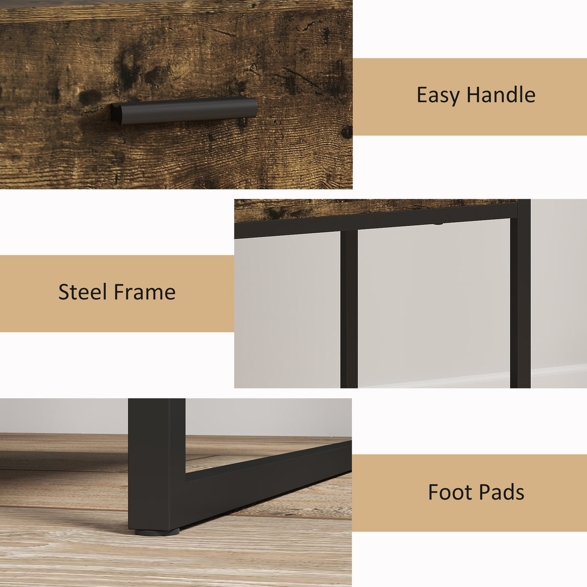 Bedside table details showing drawer handle, steel frame, and foot pads