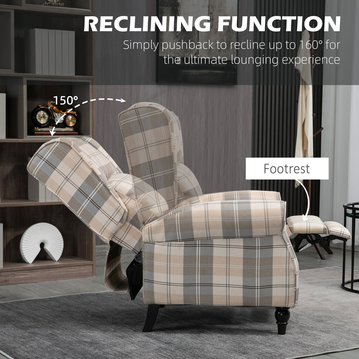 HOMCOM khaki plaid wingback recliner shown reclining with its footrest extended.