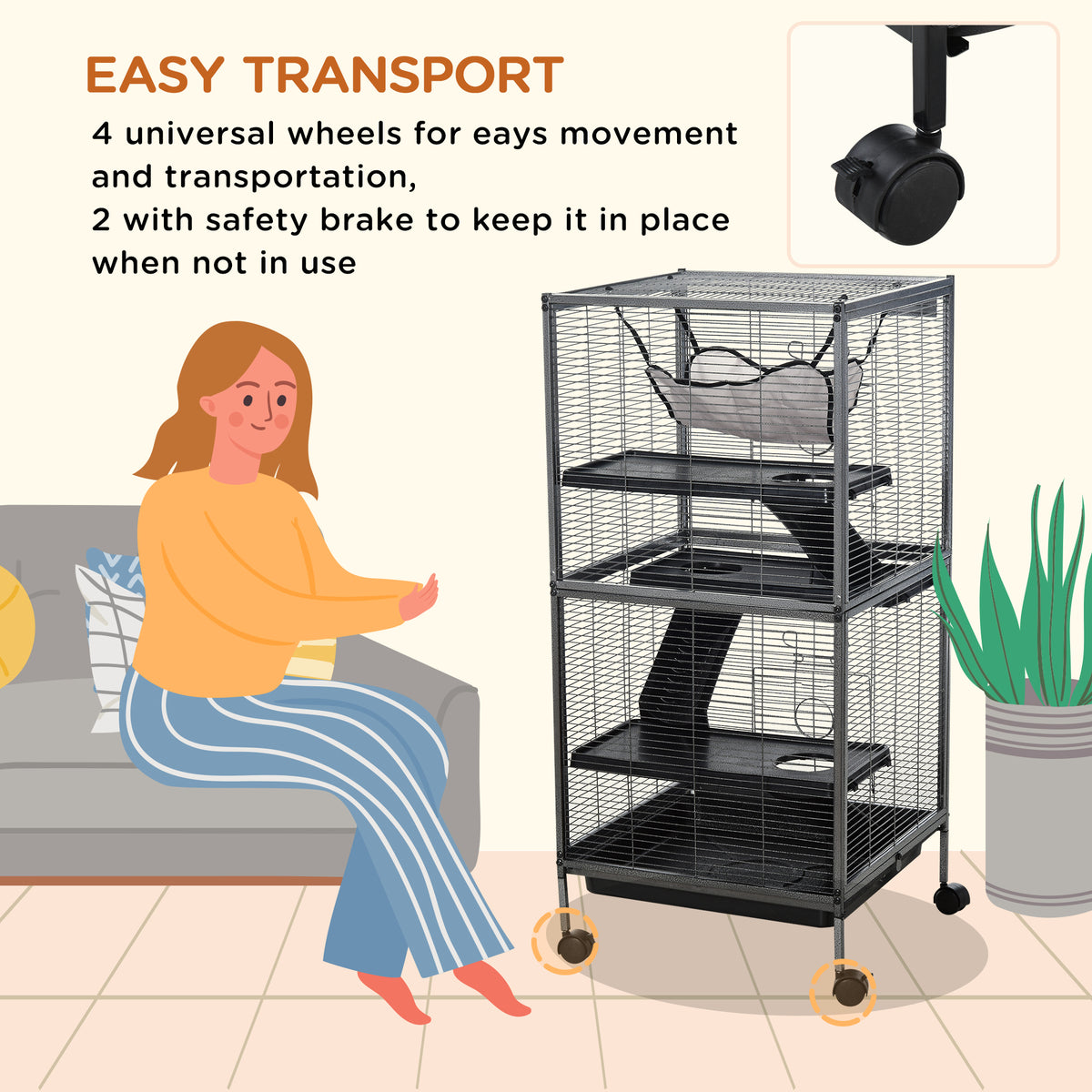 PawHut small animal cage on caster wheels, with four tiers, ramps, and hammock