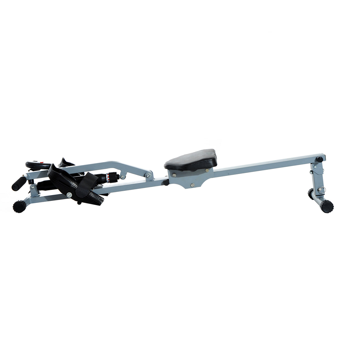 HOMCOM rowing machine in side view with seat, pedals and resistance handle
