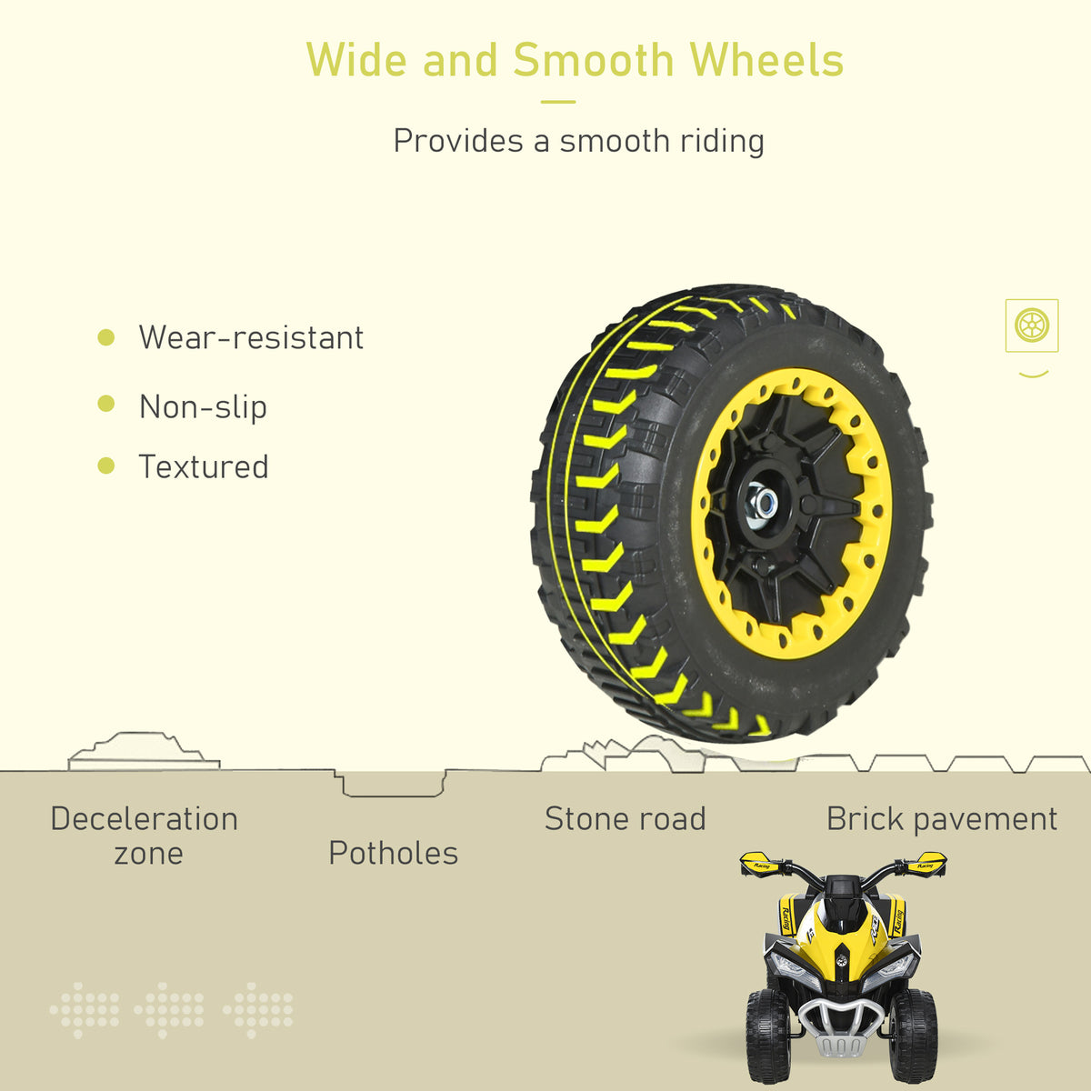Close-up of a HOMCOM ride-on car's wide black wheel with yellow rim and textured tread