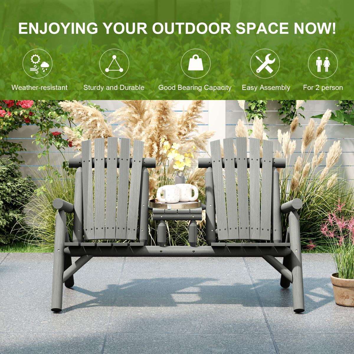 Rear view of the grey two-seat patio bench with a small centre table