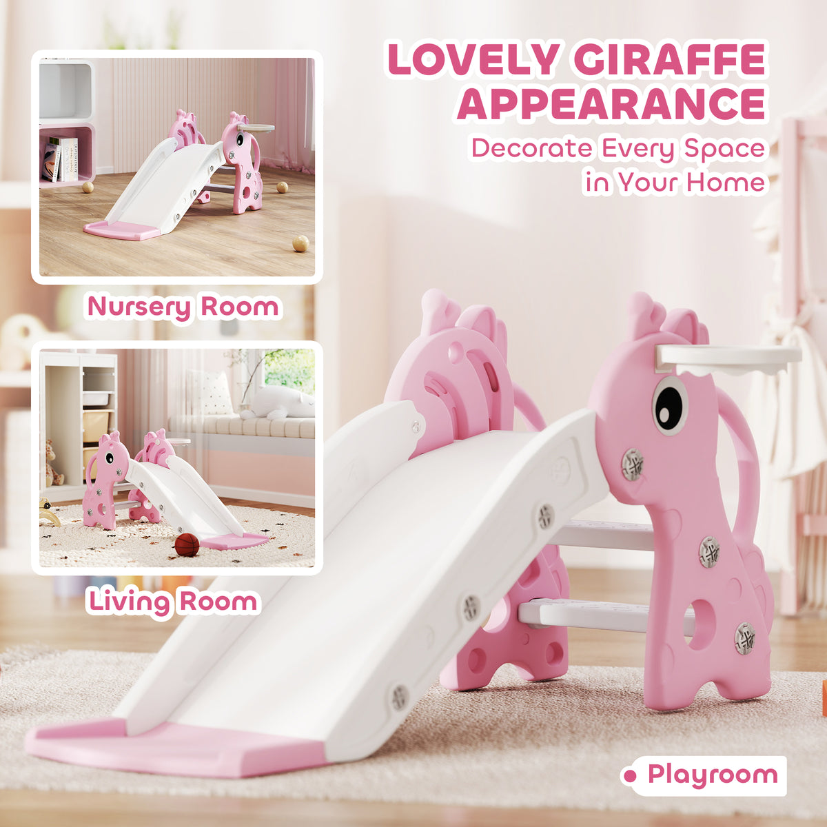 Pink and white toddler slide and climber with giraffe-shaped sides and basketball hoop